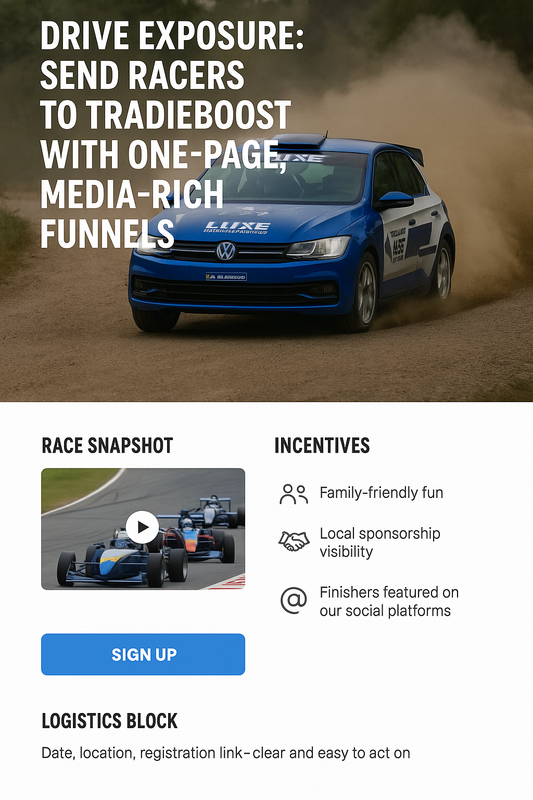 Rally car in action with a modern one-page funnel mockup overlay, showing how amateur racers can showcase sponsors and highlights using TradieBoost’s media-rich landing pages